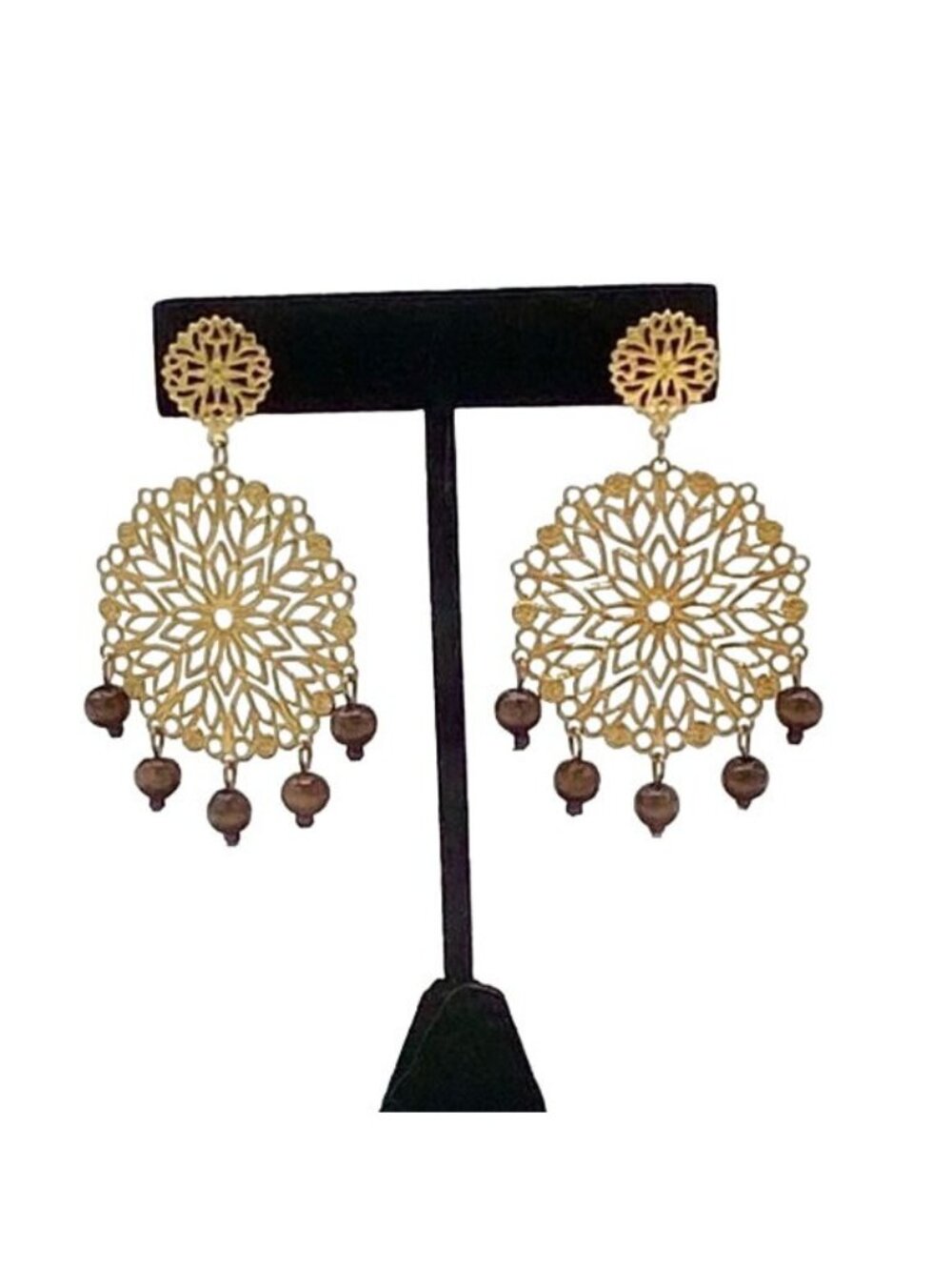 Gold Filigree Statement Earrings with Bead Drops